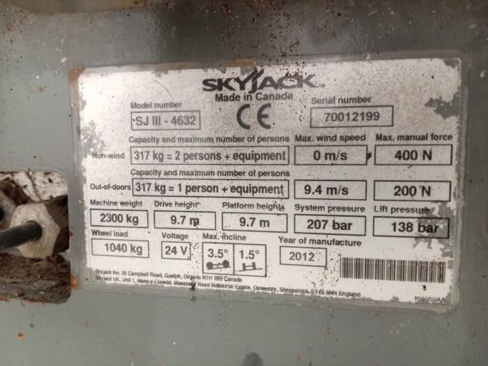 Skyjack SJ4632 Electric siccorlift 2199 s/n 70012199 vm. 2012 - Image 8