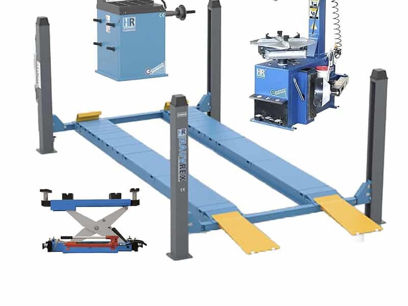 Korjaamokone kokonaisuus: Nelipilarinostin, kevennin, rengaskone + tasapainotuskone, Hauvrex