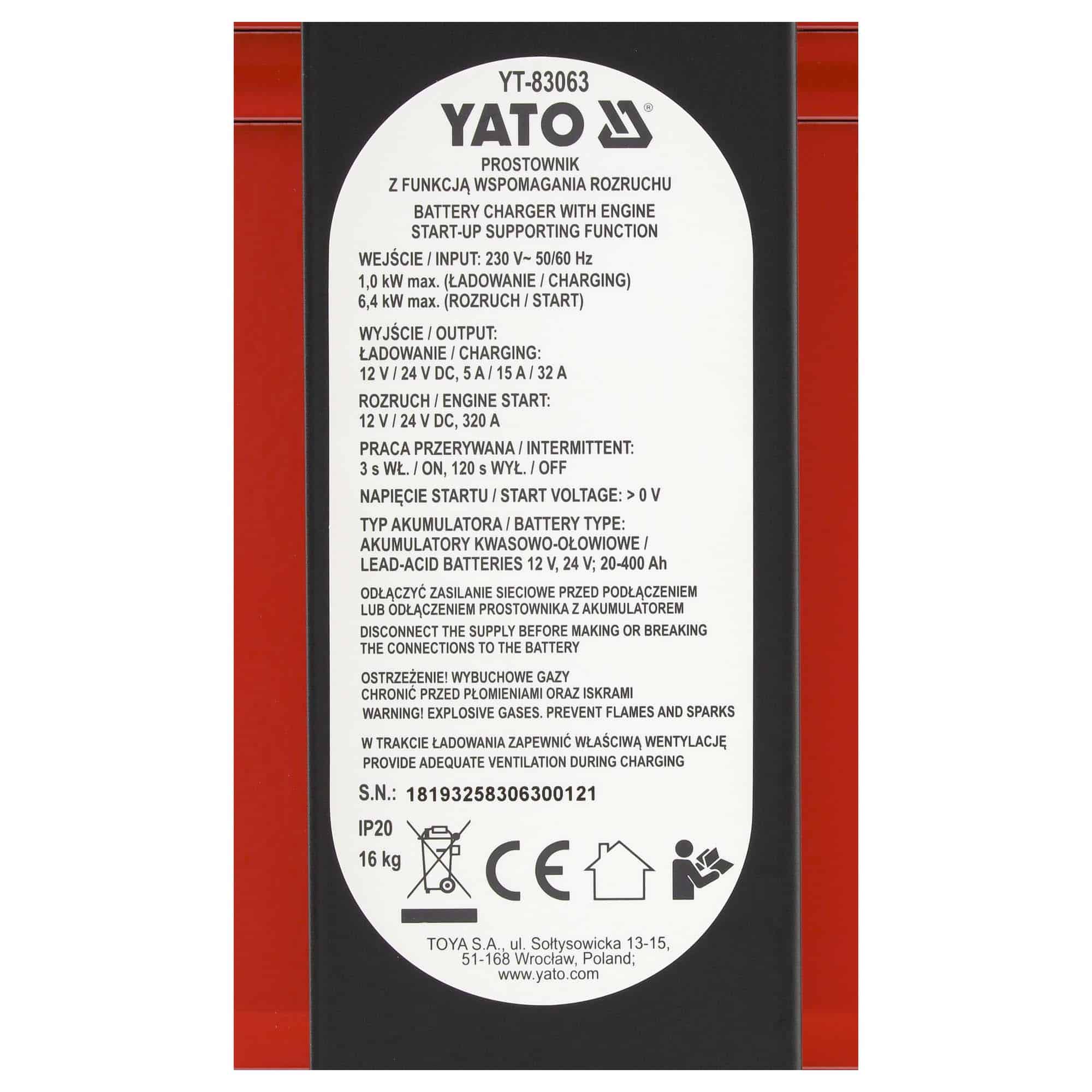 Akkulaturi / apukäynnistin 12/24V 20-400 Ah, Yato - Image 7