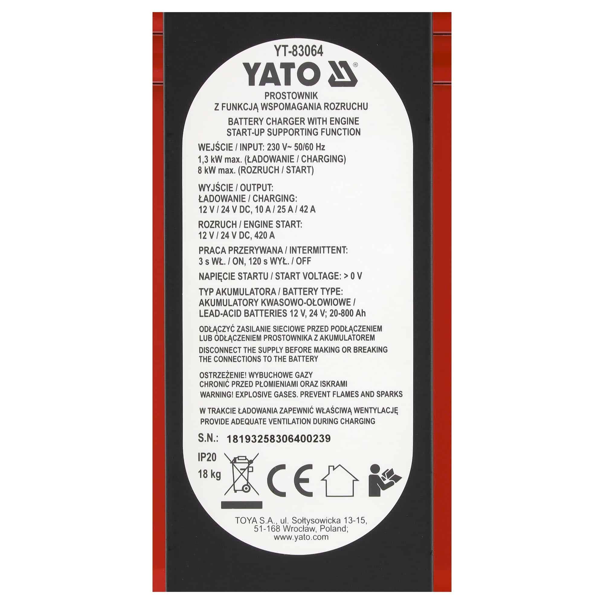 Akkulaturi / apukäynnistin 12/24V 20-800 Ah IP20, Yato - Image 6