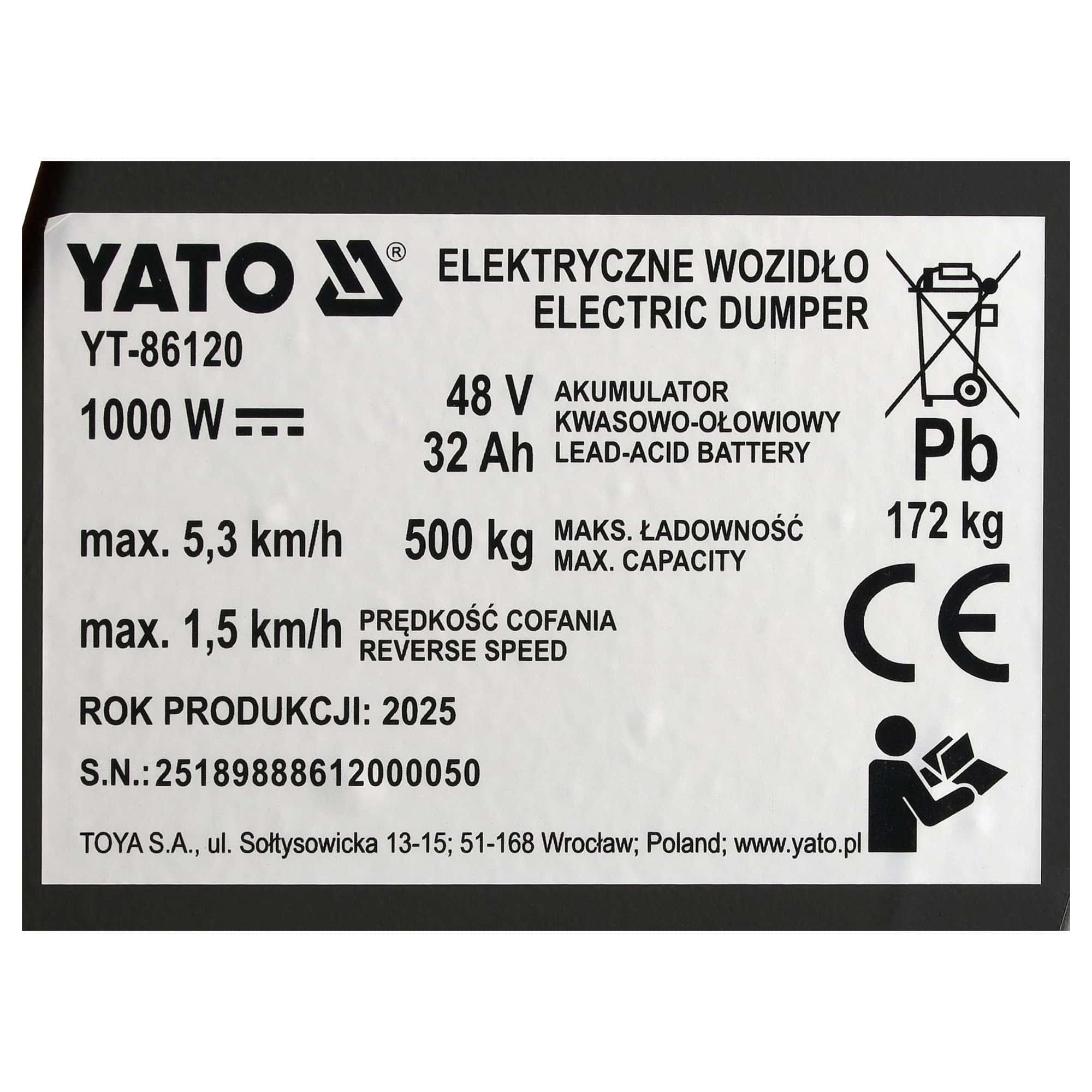 Sähkökäyttöinen minidumpperi 1000 W, Yato - Image 15